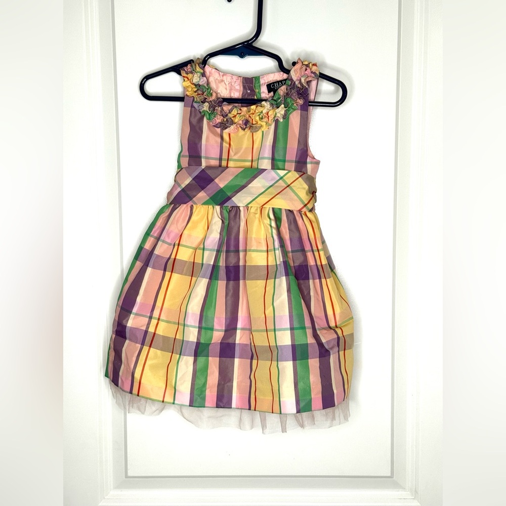 Chaps Pastel Colored Plaid Dress with Tulle, Ruffles and a Sache 2T